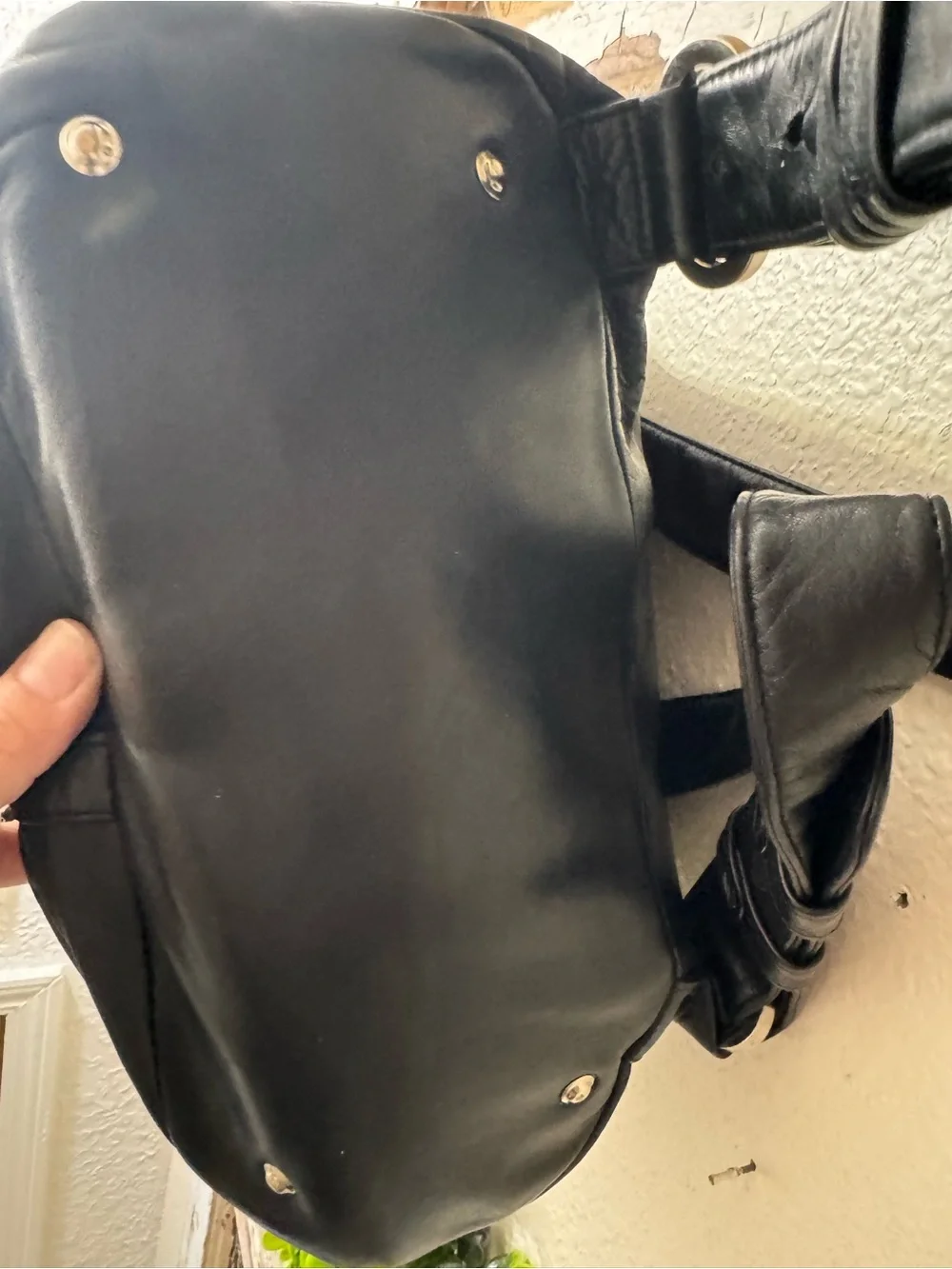 Vintage 1990’s/Y2K Perlina New York Black Leather Backpack Purse Drawstring